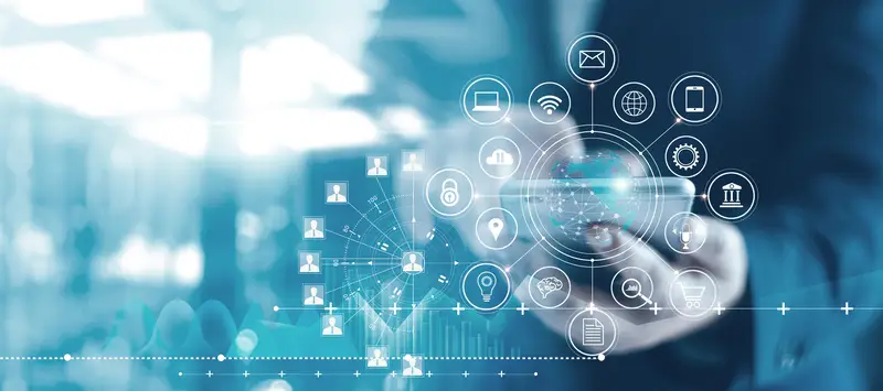 Business professional interacting with digital technology, showcasing icons representing communication, data management, and legal services, relevant to business and IT sectors.
