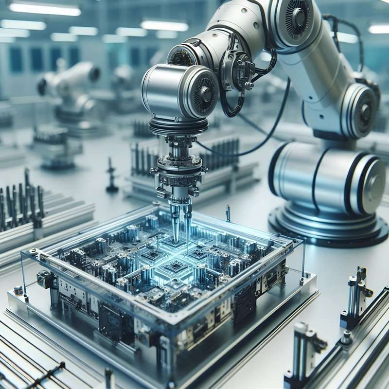 Robotic arm assembling advanced technology components in a high-tech manufacturing environment, highlighting innovation in engineering and automation.