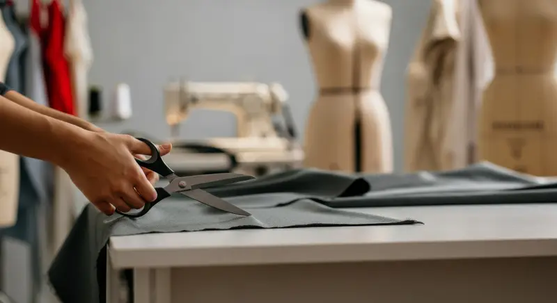 Person cutting fabric with scissors in a fashion design studio, featuring a sewing machine and dress forms in the background, illustrating the manufacturing and fashion sector.