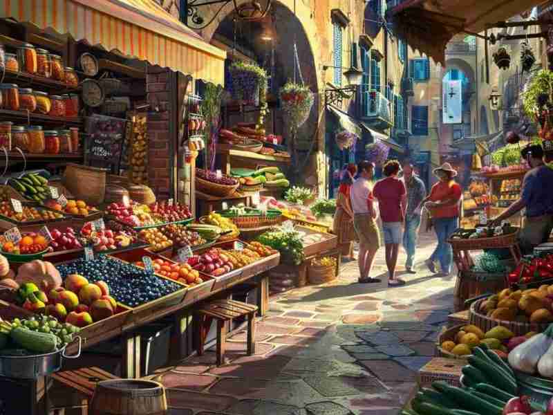 Vibrant Italian market scene with colorful fruits and vegetables, showcasing local produce and shoppers engaging in conversation, reflecting the importance of food compliance in Italy's culinary landscape.