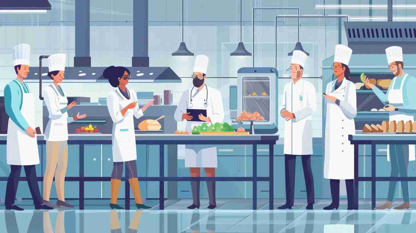 Kepimo proceso komanda virtuvėje, maisto saugos specialistai ir virėjai aptaria maisto produktus, pabrėžiantys maisto higienos ir teisės aktų laikymosi svarbą Italijoje.